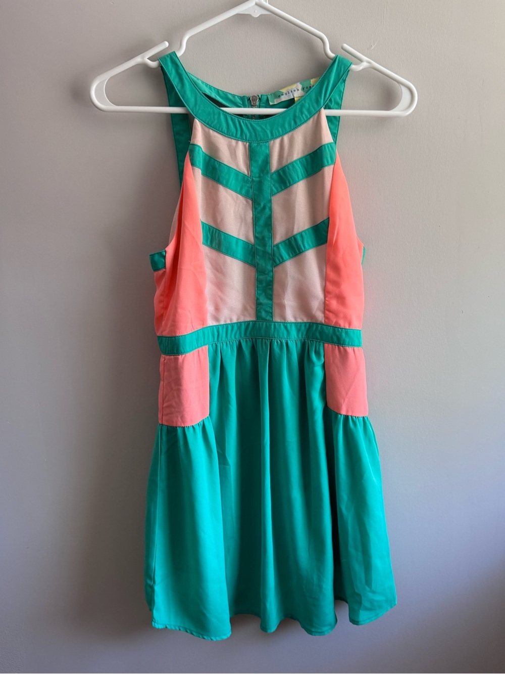 english rose Teal and Coral Colorblock A-Line Halter Dress